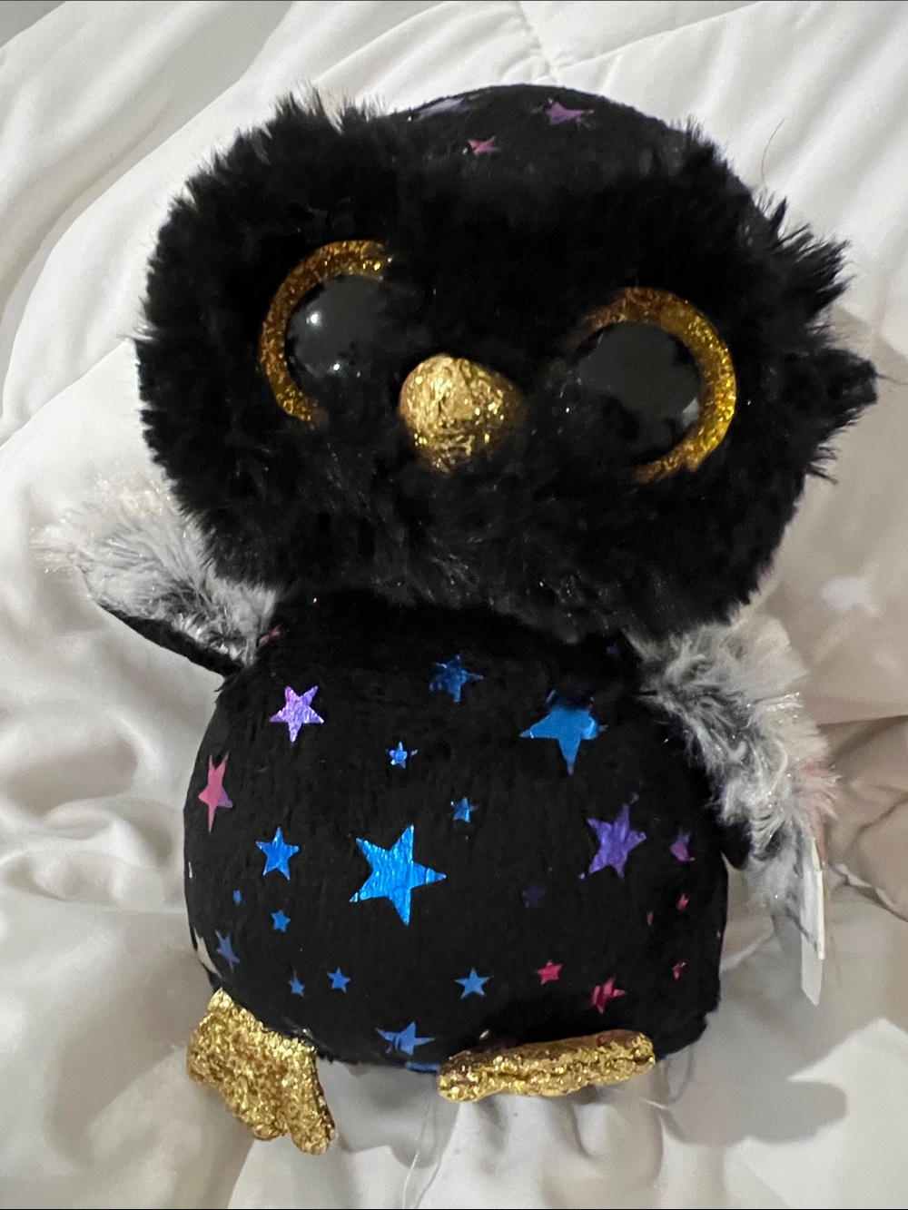 Ty Black Starry Owl Plush with Gold Accents. 6 inches tall.